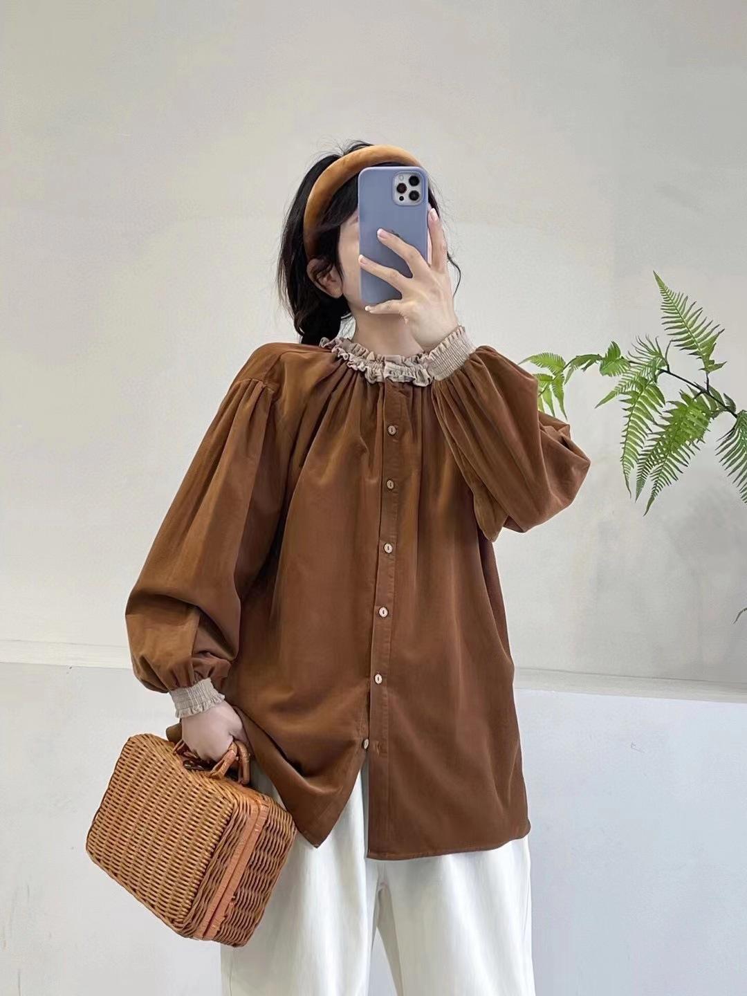 

Johnature Осенне-зимняя японская рубашка с круглым вырезом и отделкой из грибка, вельветовая женская свободная верхняя часть из леса One Size кофейный