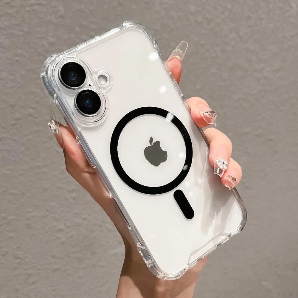 For MagSafe Transparent Acrylic Shockproof Phone Case with Camera Lens Protector For iPhone 16 Pro Max 15 14 Plus 13 12 11