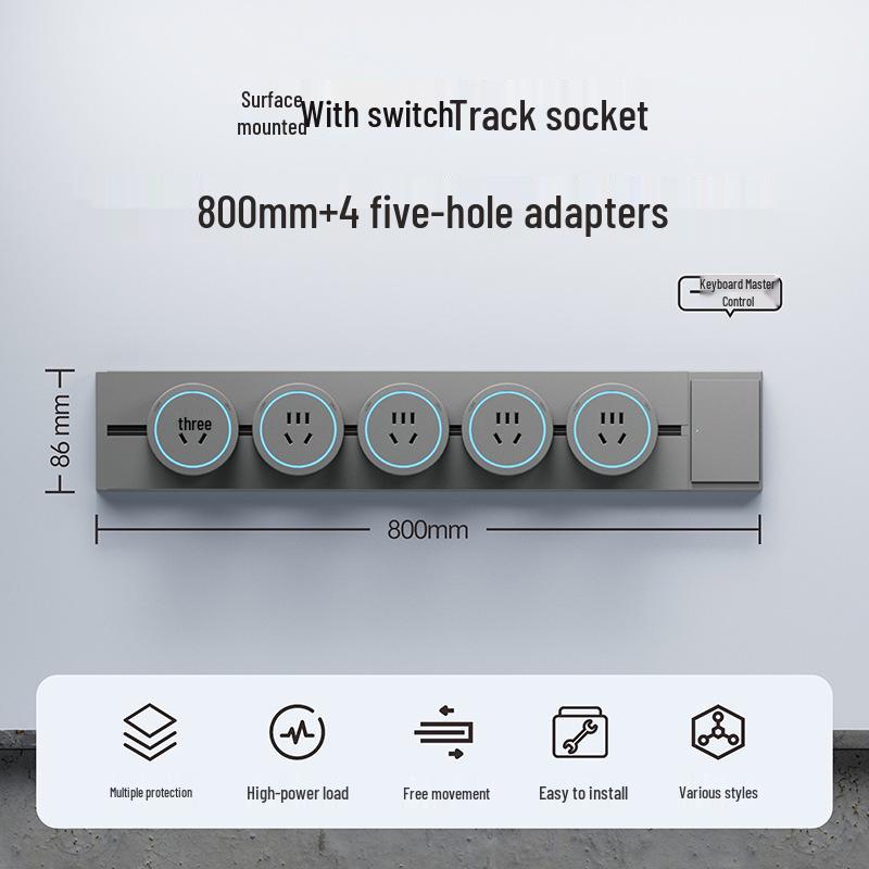 Surface-Mounted Anti-Shock Adjustable Power Strip with Switch Track for Kitchens