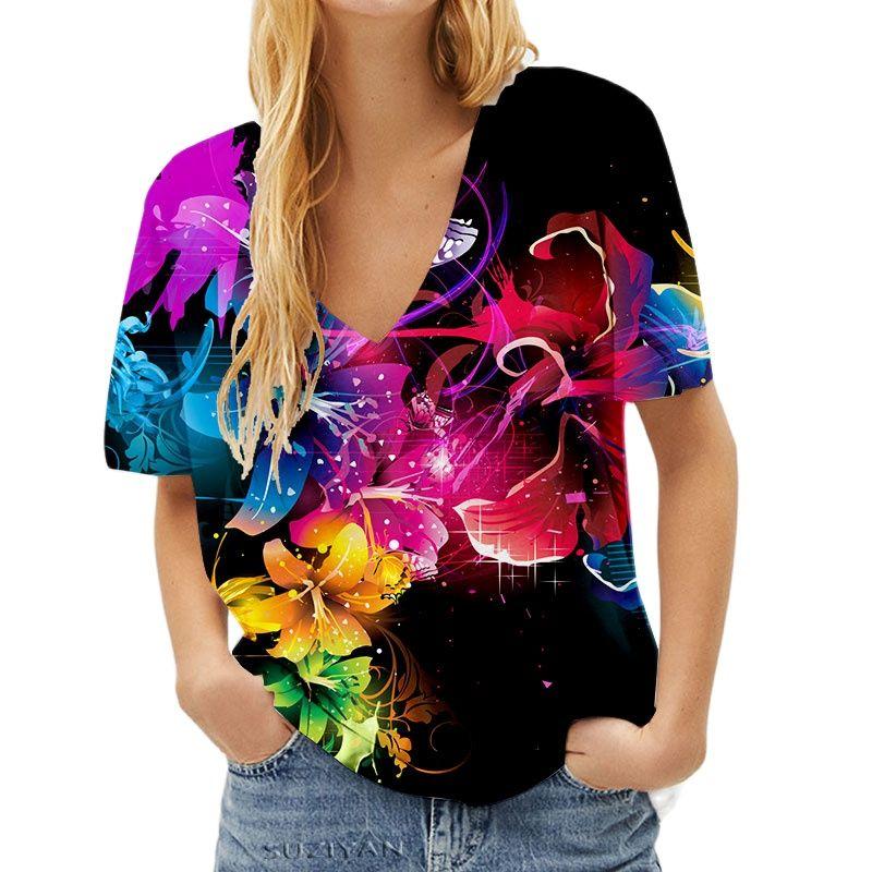 

Модные блузки с весенним цветочным принтом, футболки с V-образным вырезом и короткими рукавами, повседневные 8XL синий