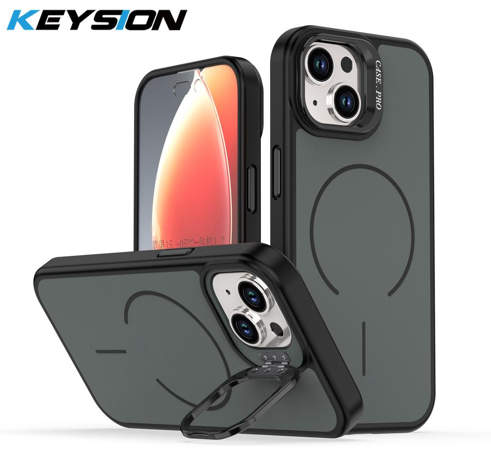 KEYSION Matte Skin Feel Lens Stand Phone Case for Magsafe for iPhone 13 14 15 Pro Max 15 Plus Magnetic Wireless Charging Shockproof Cover