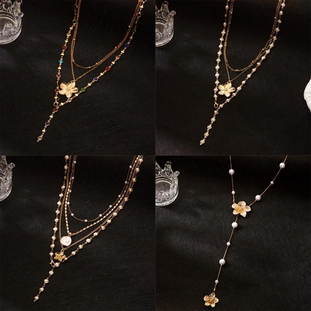 Fashion Flower Pendant Necklace For Women With Pearl Multilayer Chain Jewelry Gift For Teens