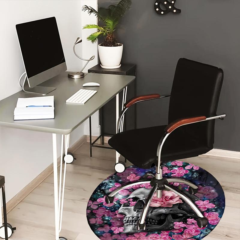 1pc Office Carpet Chair Mats Skull with Pink Flowers Circular Artwork Perfect for Decorating Office Chairss, Or Bedrooms.YDT482