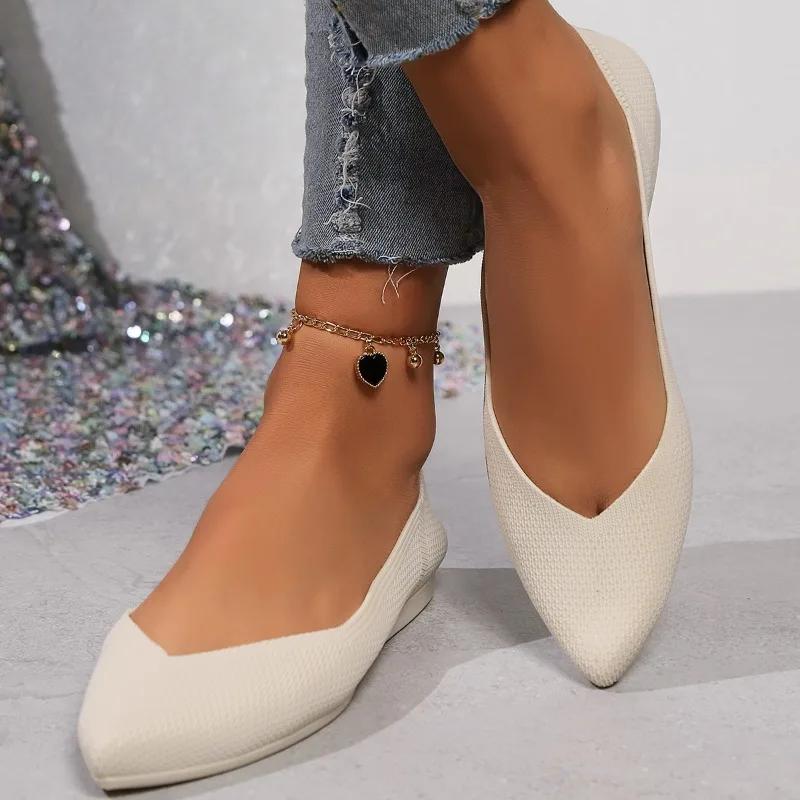 Fashion Spring New Flat Shoes Women's Fashion Pointed Head Shallow Mouth Knitted Breathable Soft Sole Non-slip Single Shoes