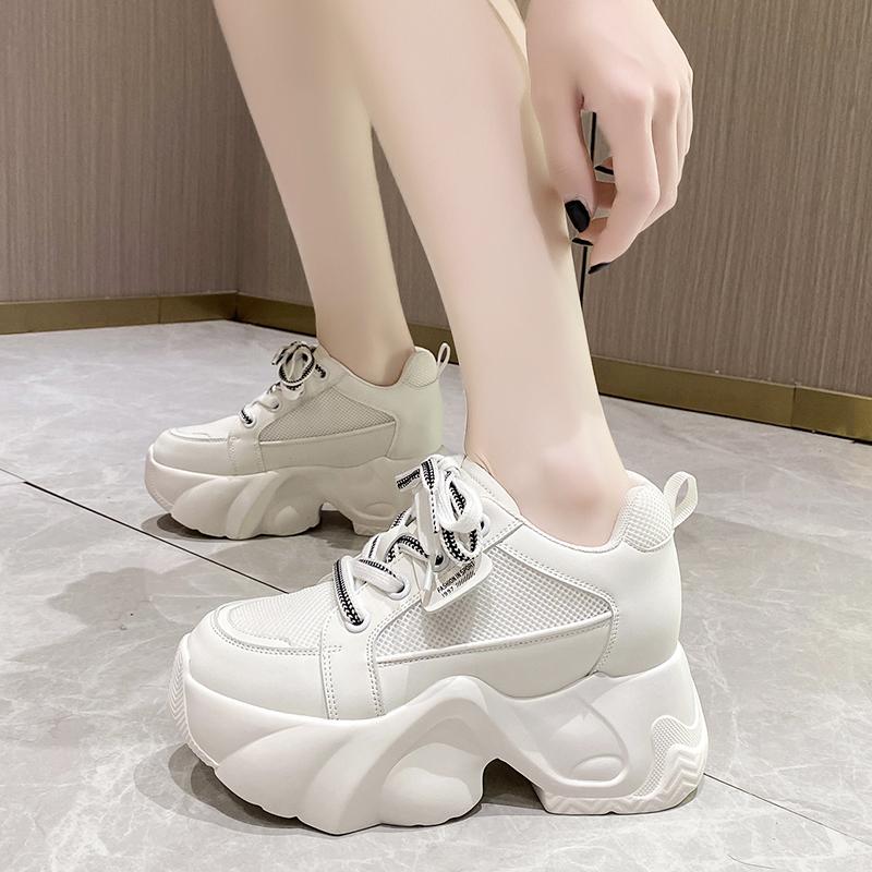 Fashion Women Walking Sneakers New Autumn Lace-up High Platform Chunky Shoes Breathable Mesh Shoes 9CM Wedge Heels Casual Shoes