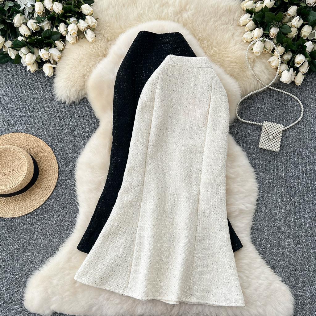 Jesień Zima Kobiety Jednolita Tweedowa Długa Midi Wyszczuplająca Bodycon Syrenka Spódnica