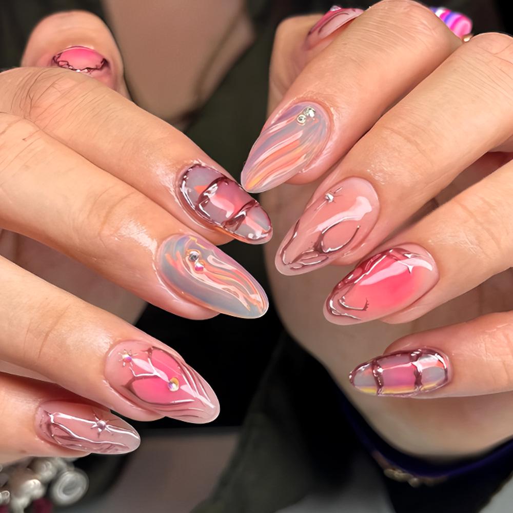 24-Piece Gentle Whitening Pink Almond Nails with Gold Leaf, Rhinestones & Gradient Design