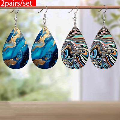 Modne kolczyki ze skóry PU z wzorem fal wodnych dla kobiet Abstrakcyjny wzór oceanu i plaży Kolczyki w kształcie łez