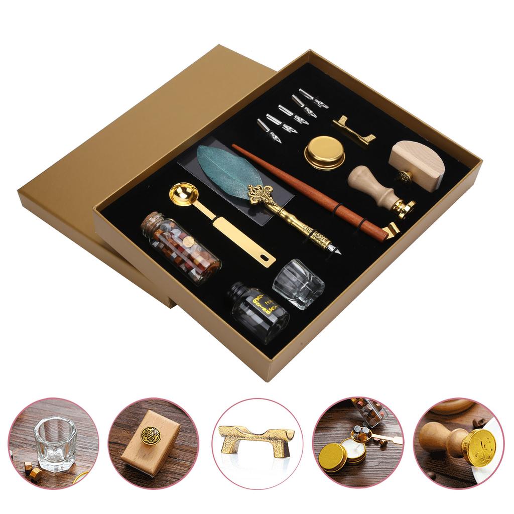 Feather Pen Wax Set Quill Dip Writing Ink Stamp Kit Vintage Student Stationery Gift BoxSP225043 Pearl Green Black