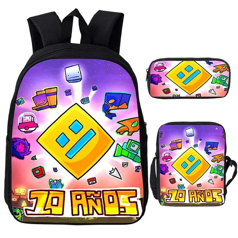 Angry Geometry Dash Cartoon Print Children Backpack 3Pcs Set Boys Girls School Bags Large Capacity Bookbag Back To School Gifts