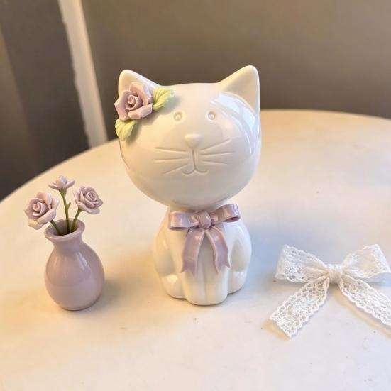 1/2Pcs Ceramic Bow Cat Figurine, Sitting Kitten Statue with Flower Decor, Mini Animal Desktop Ornament for Home Office