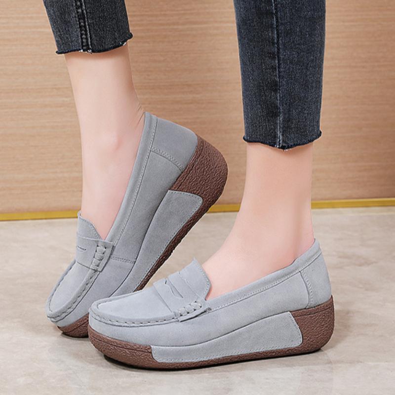 Cow Suede Women Platform Shoes Fashion Wedge Heels Elegant Ladies Casual Walking Shoes Slip-on Loafers