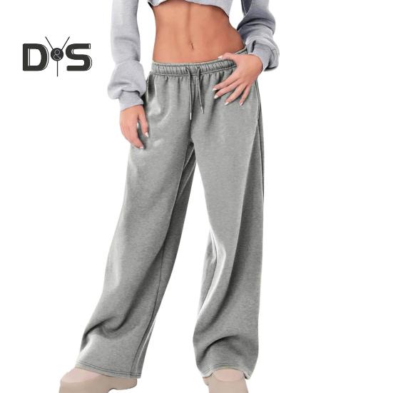 Women Sport Pants Mid-rise Elastic Waist Adjustable Drawstring Long Trousers Solid Color Wide Leg Autumn Winter Velvet Lining Trousers