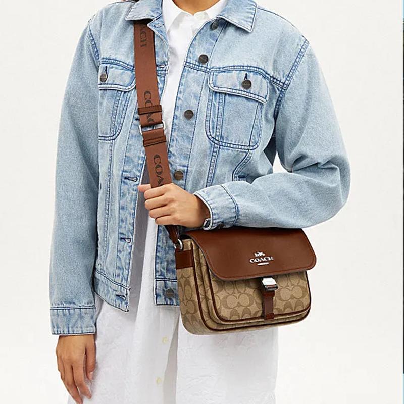 Coach PACE 24 Classic Logo Buckle Closure Faux Leather and Cow Leather Messenger Bag Shoulder Crossbody Bag Medium Women's Khaki and Saddle Brown