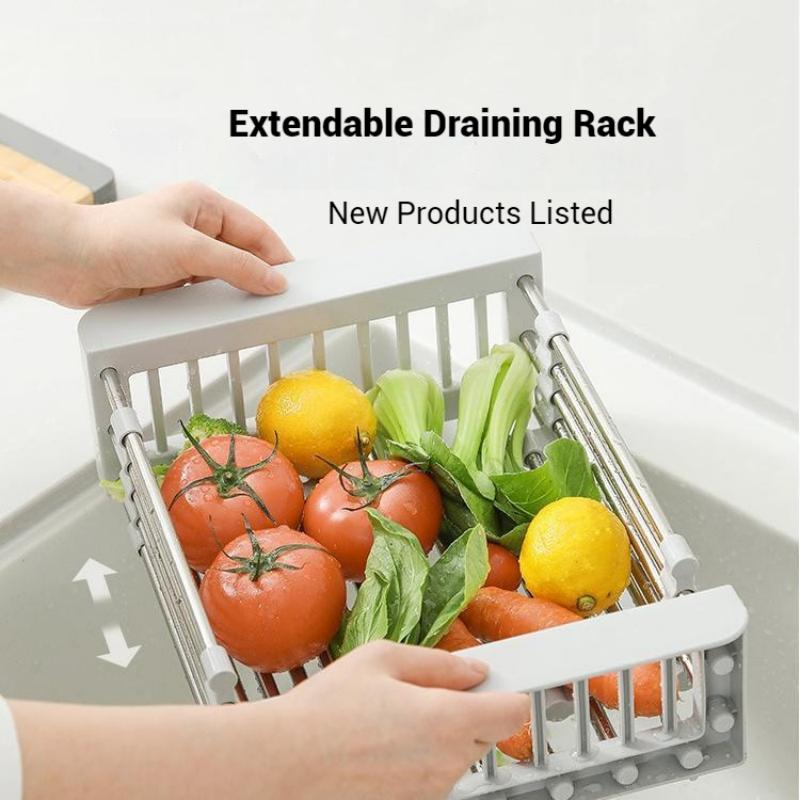 Abtropfgestell für die Küchenspüle, ausziehbarer Abtropfständer aus Edelstahl, Abtropfkorb für Obst und Gemüse, Abtropfgestell, Lagerregal