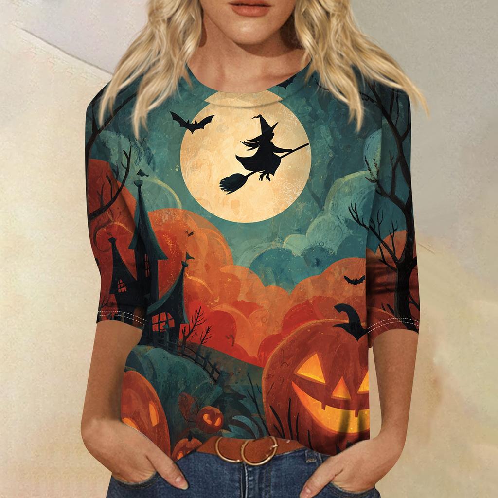 Women Casual Round Neck Halloween Print T Shirt Three Quarter Sleeve Top Lightweight Comfortable Fit Seasonal Graphic Tee