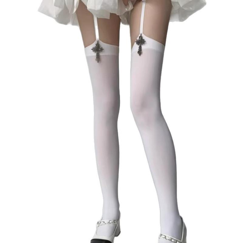 Lolita Gothic Cross Garter Stockings Velvet One-Piece Thigh High Socks Straps Elegant Black White Solid Color Over Knee Socks