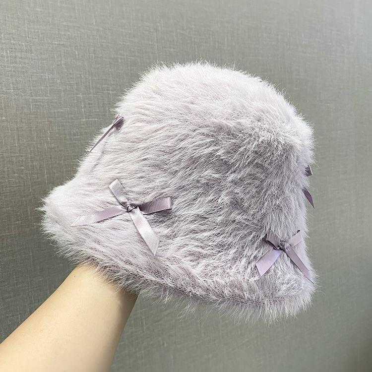 Rabbit Fur Bow Plush Bucket Hat Female Autumn and Winter Big Head Circumference Showing Face Small White Bucket Hat Warm Hat Tide