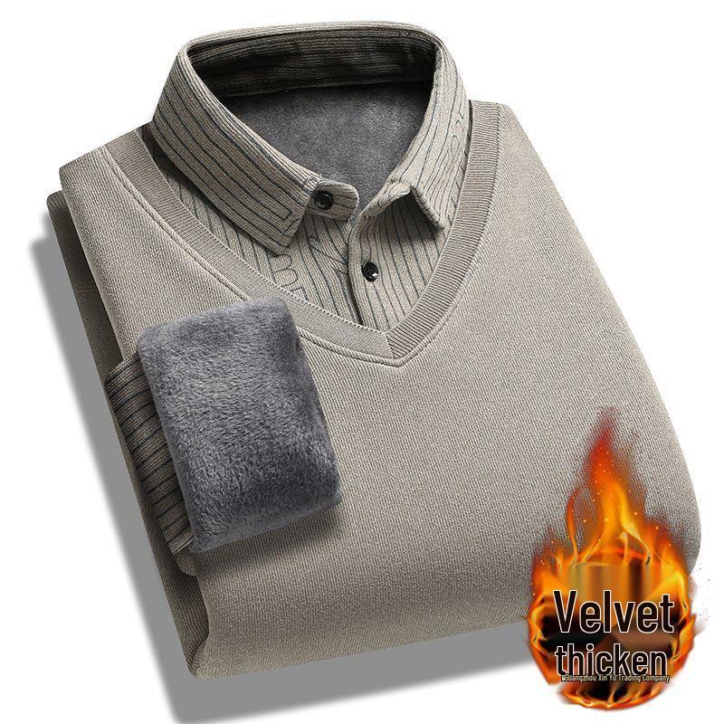 Pull d'hiver doublé polaire pour homme: Chaud Pull Deux-en-Un à Manches Longues pour l'Extérieur, Parfait pour les Pères d'Âge Moyen et les Personnes Âgées.