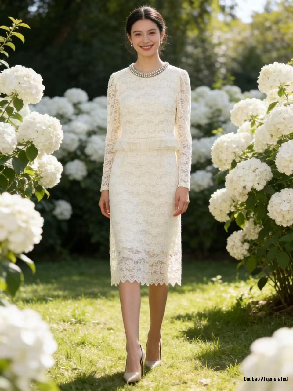 

HL94 Elegant Lace Beaded Long Sleeve Spring/Autumn Dress L 54-59 kg мигдалевий/бежевий