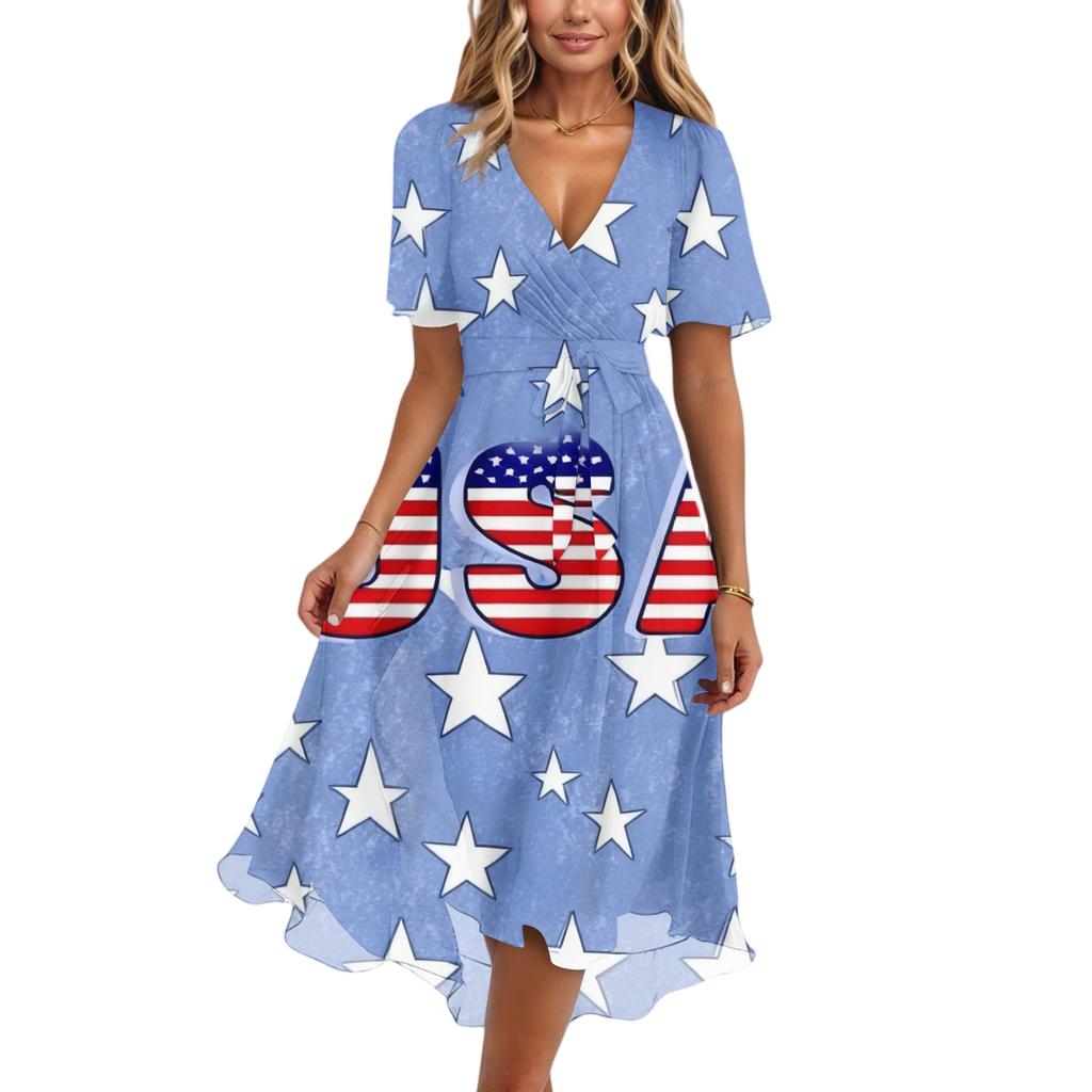 Women's Fashionable Casual V-neck Short-sleeved Independence Day Printed Dress
