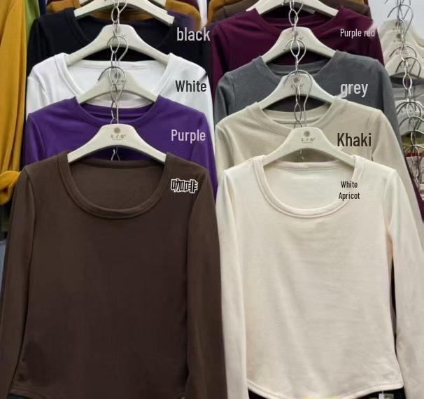 Women's Slim-Fit Double-Sided Plush U-Neck Base Layer Top - Long-Sleeve, Autumn/Winter Warm Inner Wear, 2025 Collection