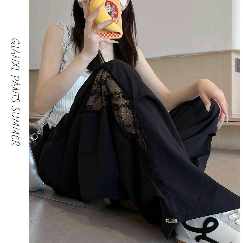 Summer Women Lace Cargo Pants High Waist Hollow Out Design Loose Fit Wide Leg Trousers