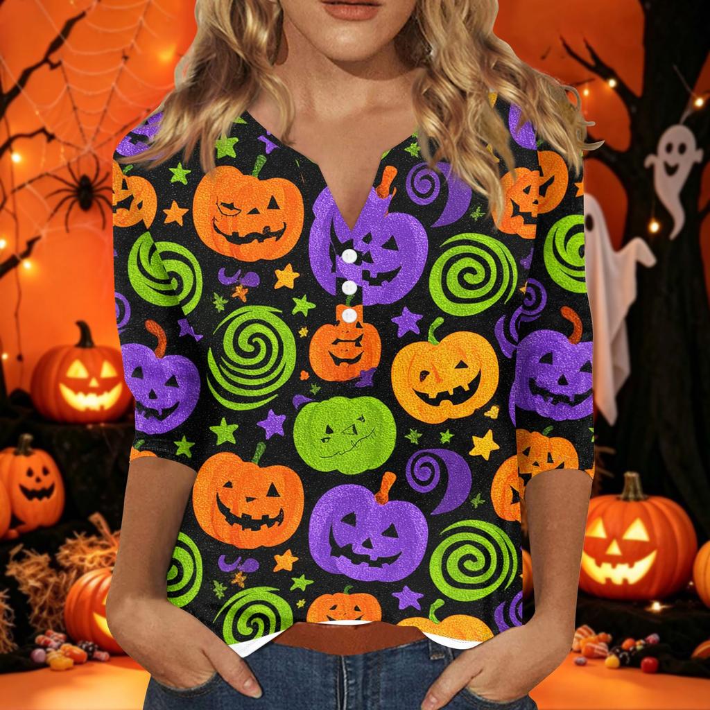 Women's Halloween Print V-Neck Short Sleeve T-Shirt with Decorative Buttons for Casual Fall Outfits