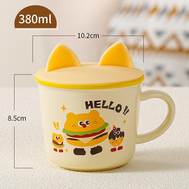 Niedliches Geschenk Keramiktasse Souvenirtasse Frauen Becher Cartoon Wassertasse Haushalt Kaffeetasse mit Deckel Löffel Kinder