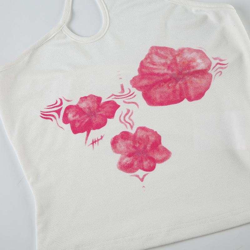 Asymmetrical Halter Crop Top y2k Floral Print Sleeveless White Tank Tops Women Basic Tees Vintage Sexy Camisole Harajuku