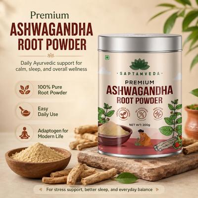 SAPTAMVEDA Premium Organic Ashwagandha Powder 200gm Tin | Withania Somnifera | For Men And Women