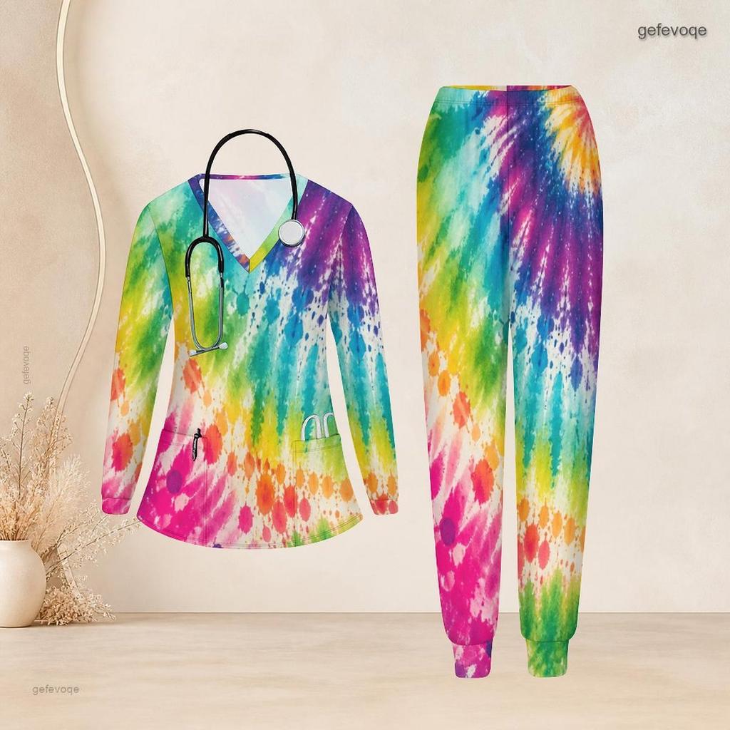 Women Plus Size Colorful Printed V Neck Long Sleeve Nurse Scrub Set With Pockets Top And Long Pants