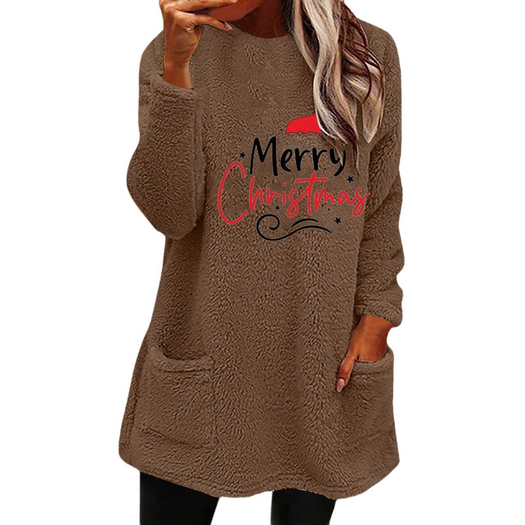 Women's Loose Long Sleeve Christmas Hat Print Fleece Hoodie