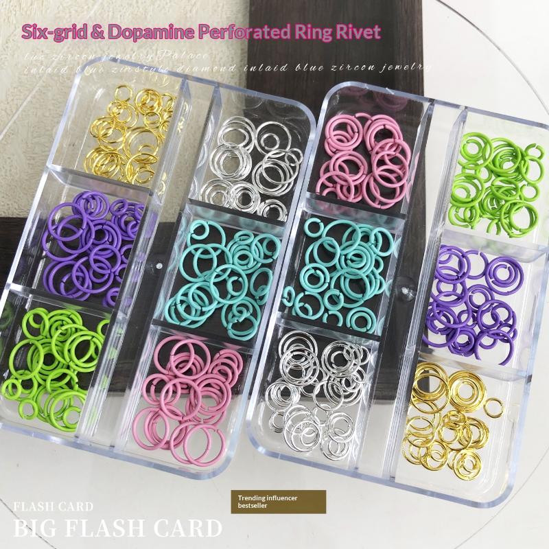 6Grids/Box Dopamine Colors Perforated Circular Ring Nail Accessories Parts For Nails Decoration Manicure Decor Supplies Material