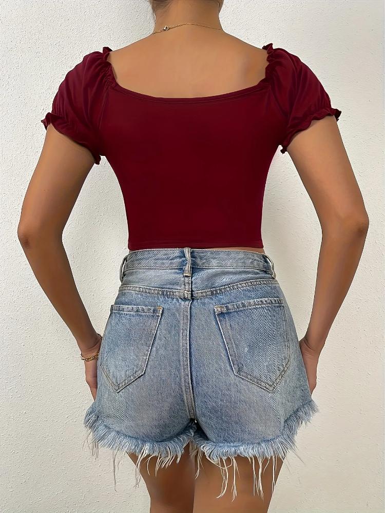 Summer Women's Square Neck T-shirt Fashion Slim Short-sleeved Short Tops Pleated Design Pure Color T-Shirt