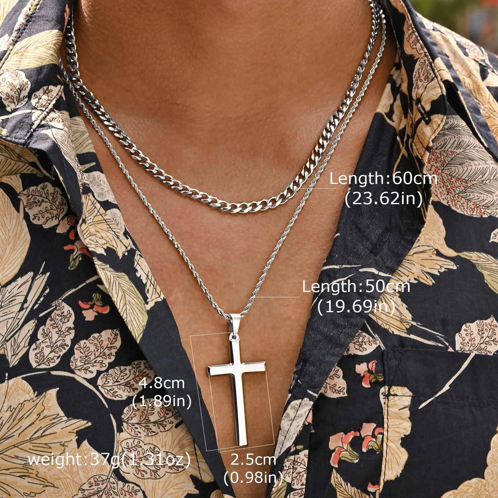 2pcs Punk Cross Necklace for Men BoysStainless Steel Stacked Chain Necklace,Male Sweater Chain Gift