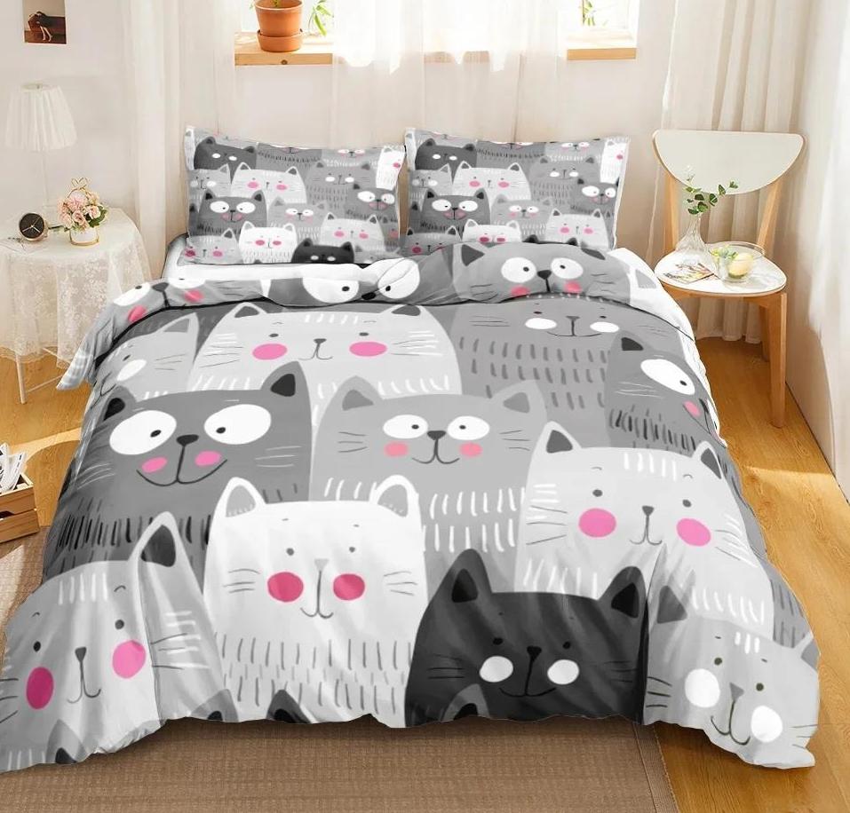 Cartoon Cute Cat Down Duvet Cover 3 Piece Set Single-Sided Printing Bedding Set Comfortable Quilt Cover With 2 Pillowcases