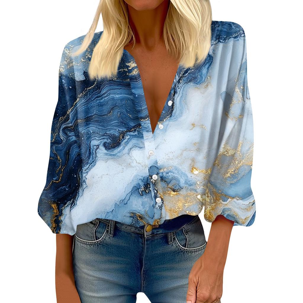 Cămașă de damă cu nasturi ocazional imprimeu modă gât rotund cu umăr cămașă Top cu șapte mâneci