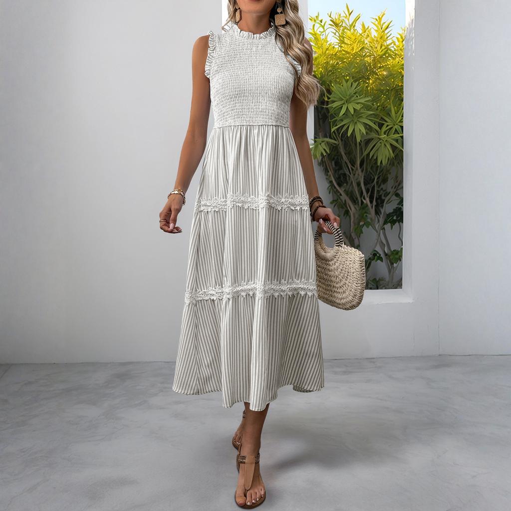 Sleeveless Women's Dress Casual Flowy A-Line Midi Tshirt Dresses With Pockets Crewneck Vocation Boho Beach Sundress
