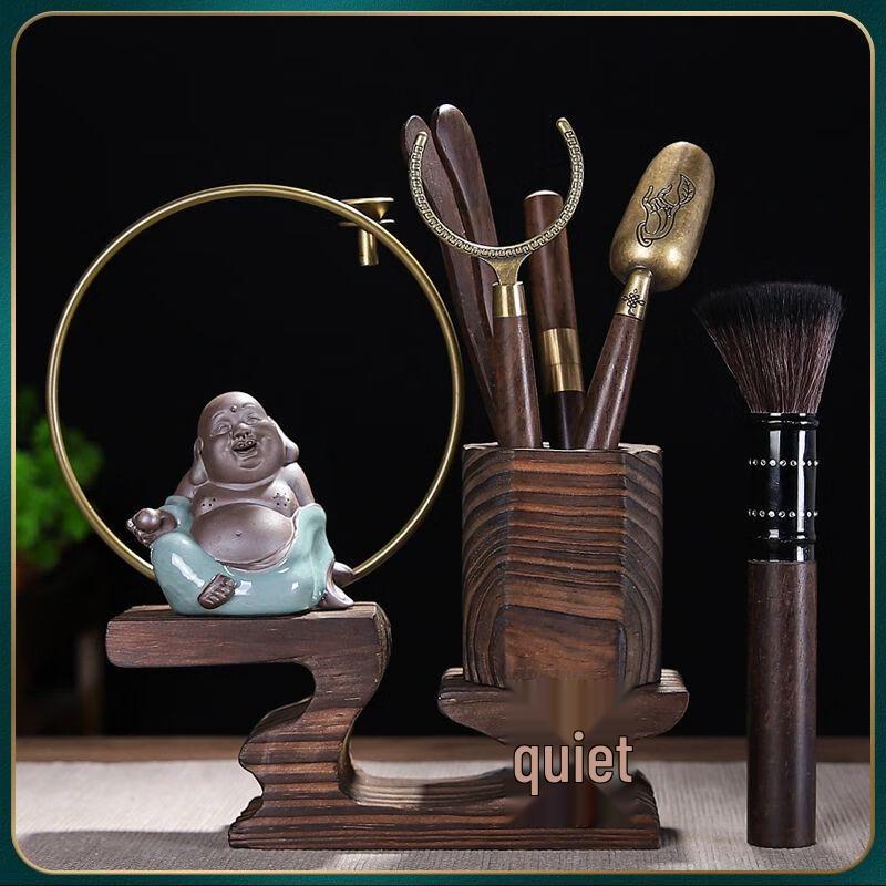 Ebony Tea Ceremony Six Gentlemen Set with Zen Monk Incense Burner