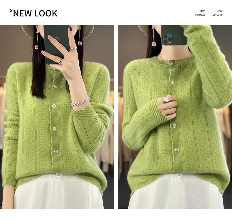 Women's Loose Knit Pure Wool Cardigan - Wheat Ear Design for Autumn Winter