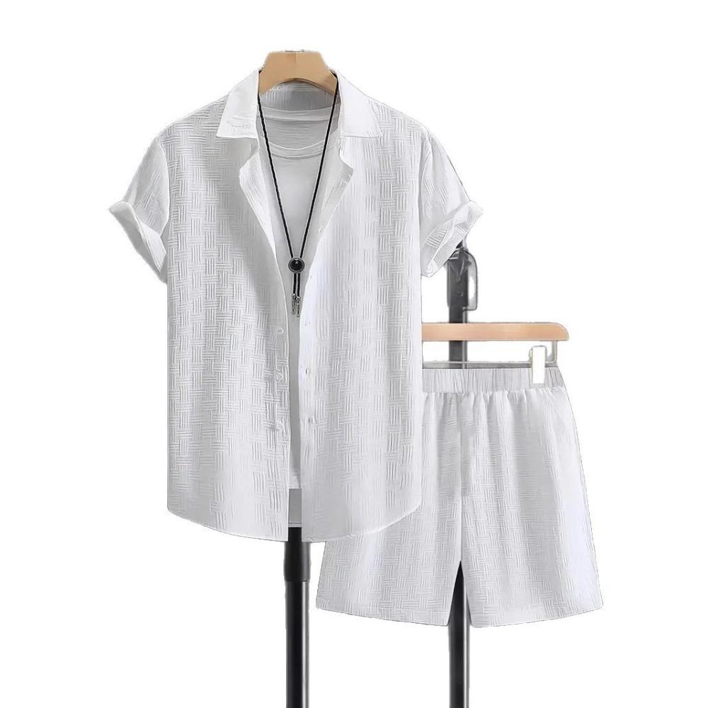 Summer Jacquard Black and White Plain-coloured Set: Short-sleeved Men’s Holiday-style Casual Shirt and Shorts Two-piece Set