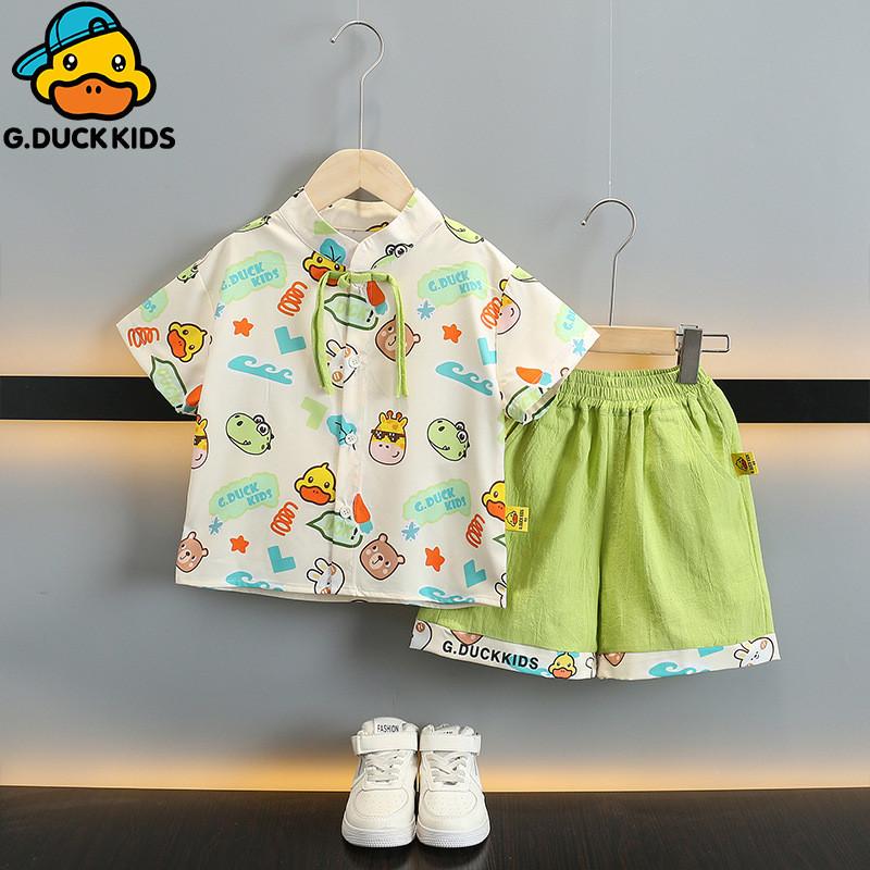 Adorable Cartoon Yellow Duck Boys Summer Outfit Set Stylish Cotton Two Piece