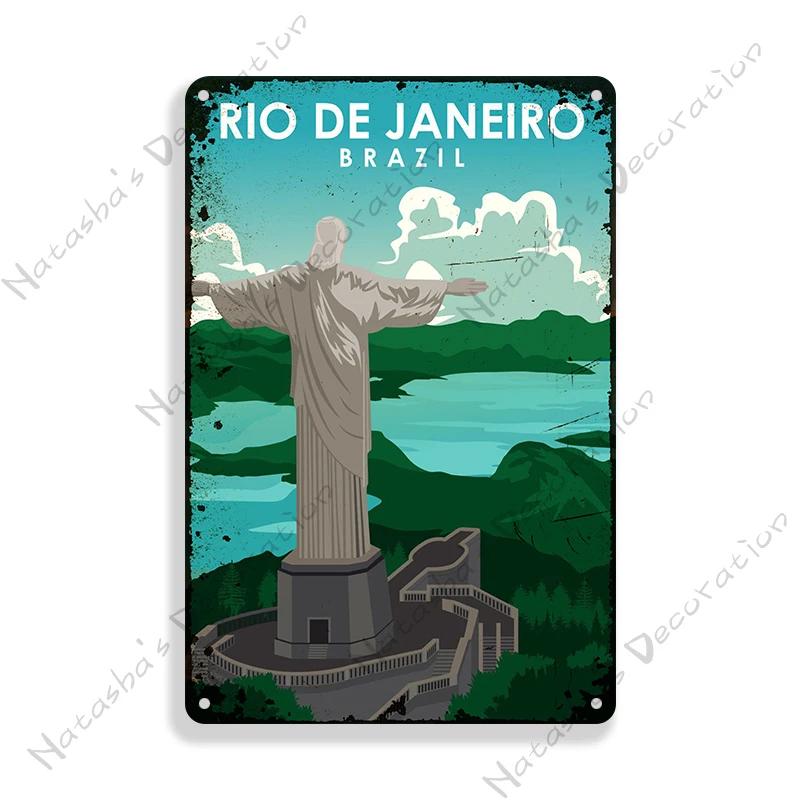 Brazil Vintage Poster Rio De Janeiro Metal Sign Landscape Decorative Sign Retro Metal Plaque Man Cave Pub Home Club Wall Decor