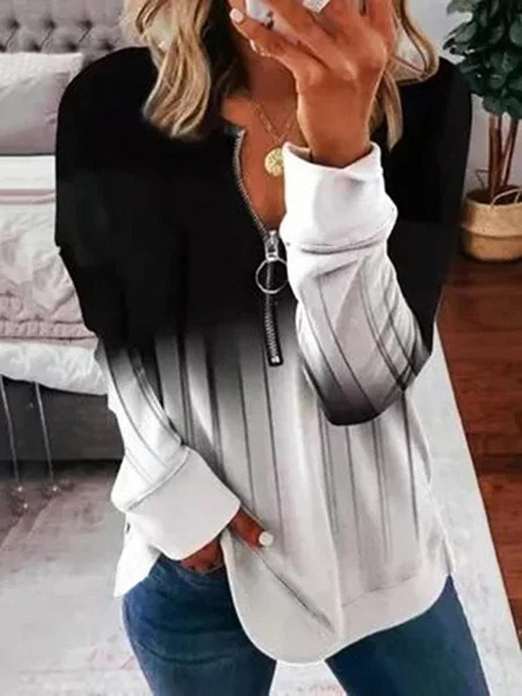 Повседневная женская толстовка с воротником-стойкой, застежкой-молнией и длинными рукавами, свободным кроем, цифровым принтом. Модный стиль, удобная посадка для повседневной носки. XXXL