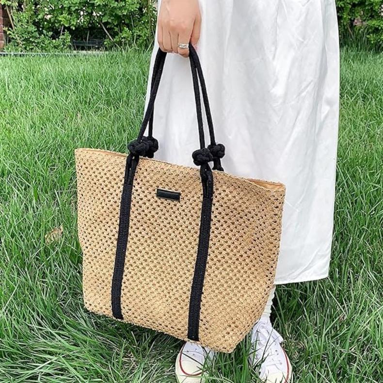 Ielgy Straw Beach Bag Women s Vacation Woven Tote Bag Large Size One-Shoulder Machine Woven Portable Straw Bag