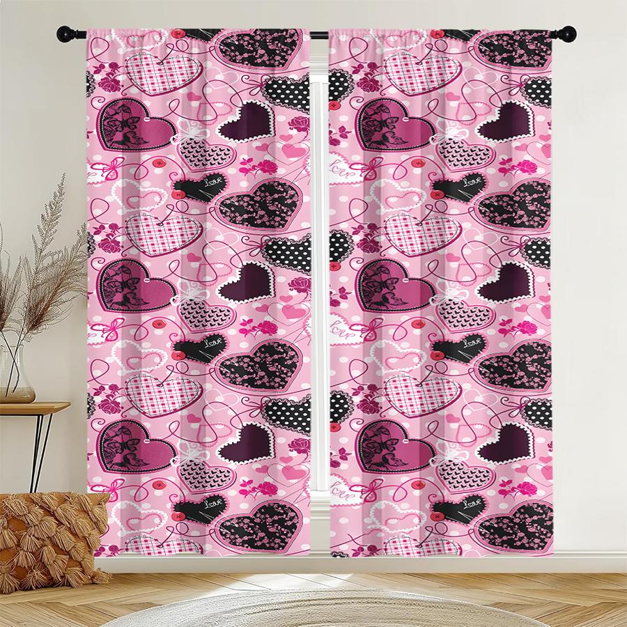 

Set Of 2 Pink Heart Love Pattern Curtains Ideal Valentine Day Window Decor Curtain With Rod Pocket Polyester W100*H70(CM)-Hooks&1PCS