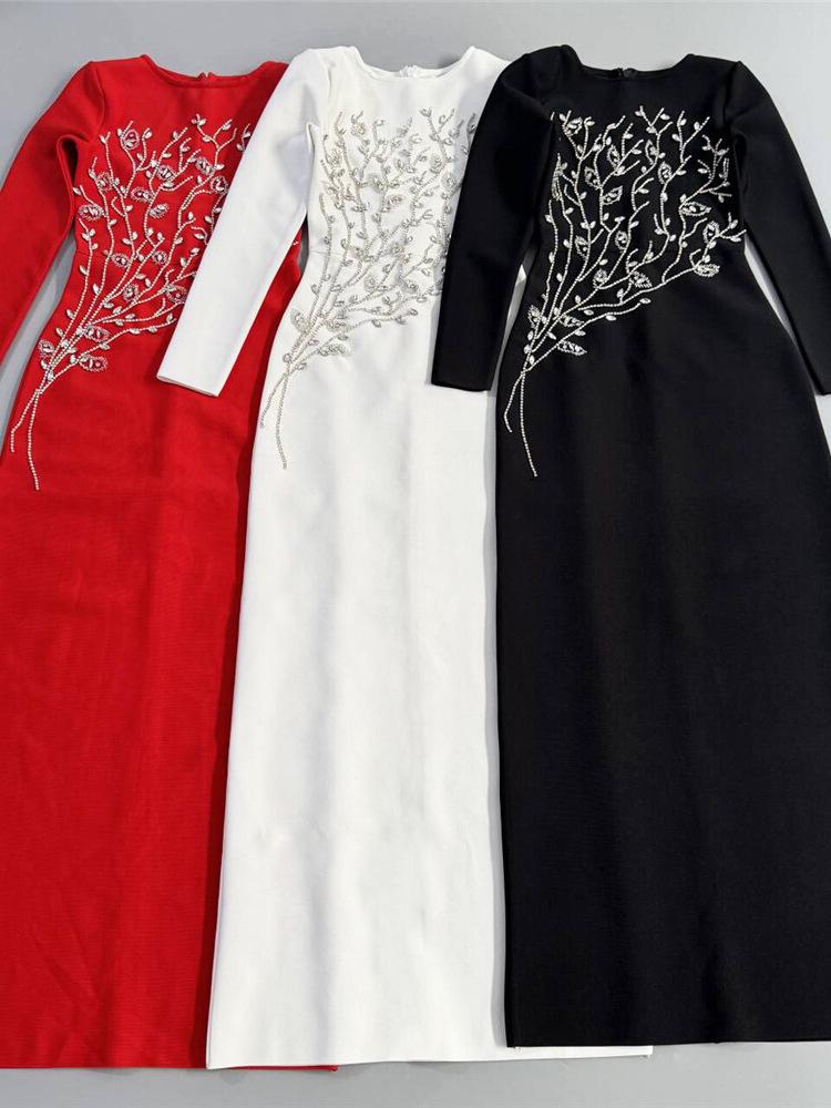 European Hand-Beaded Diamond Bodycon Long-Sleeve Banquet Bandage Dress