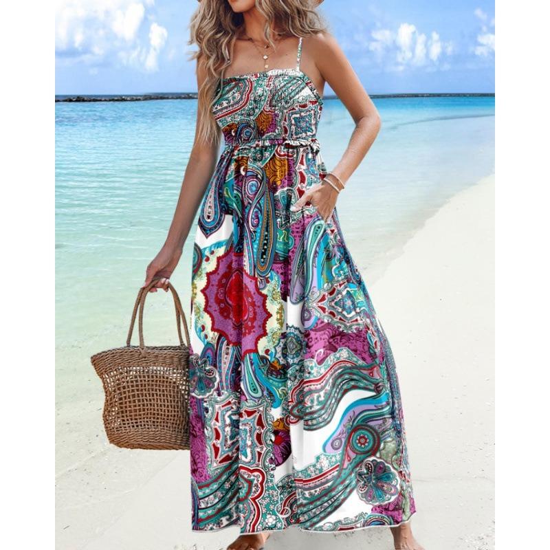 Printed Sleeveless Dress High-waisted Summer Slimming Beach Vacationbeach Halter