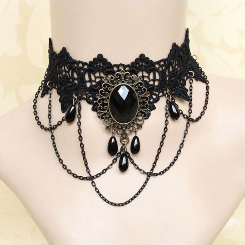 Gothic Lace Choker Necklace Women Minimalist Black Punk Collar Chain With Floral Snake Alloy Pendant